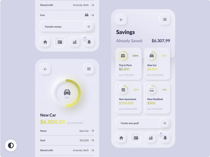 Neumorphic savings app — simulated Red-Green colour blindness