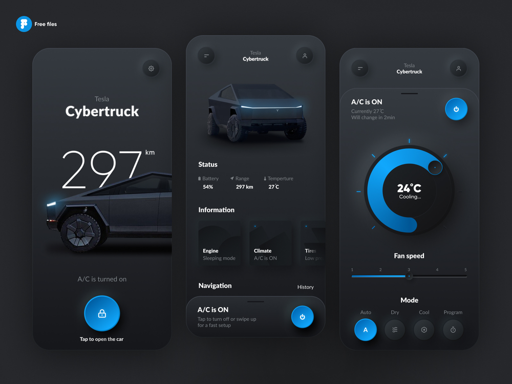 Tesla Cybertruck dark neumorphic app — normal view