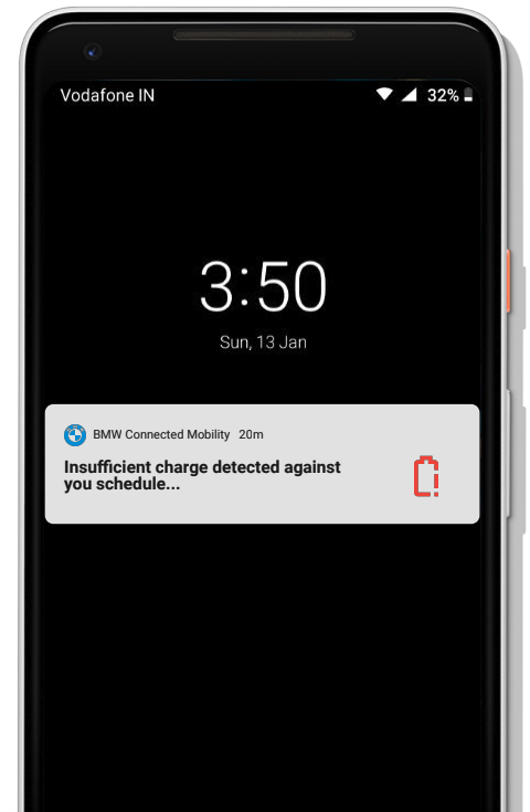 Phone lock screen showing a BMW Connected Mobility notification: 'Insufficient charge detected against your schedule...'
