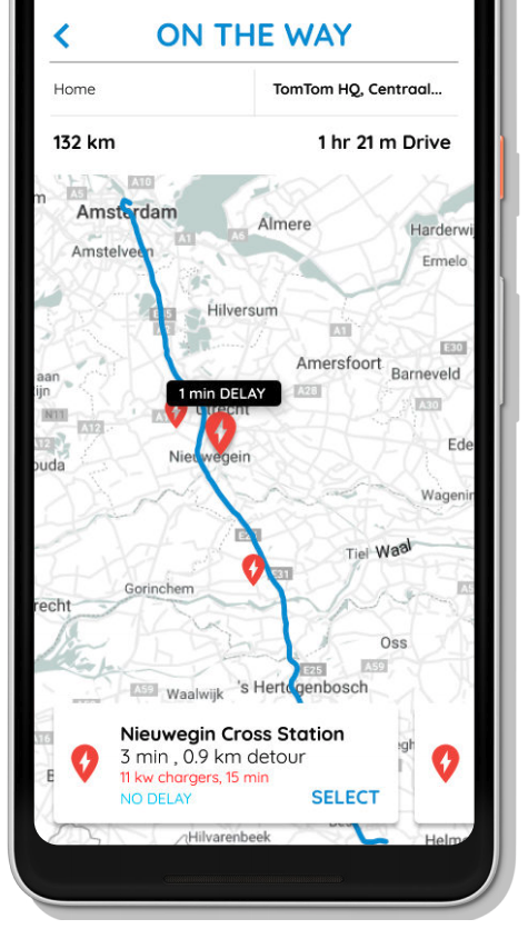 App screen showing 'On The Way' map from Home to TomTom HQ with charging station pin at Nieuwegin Cross Station — 3 min, 0.9 km detour, no delay